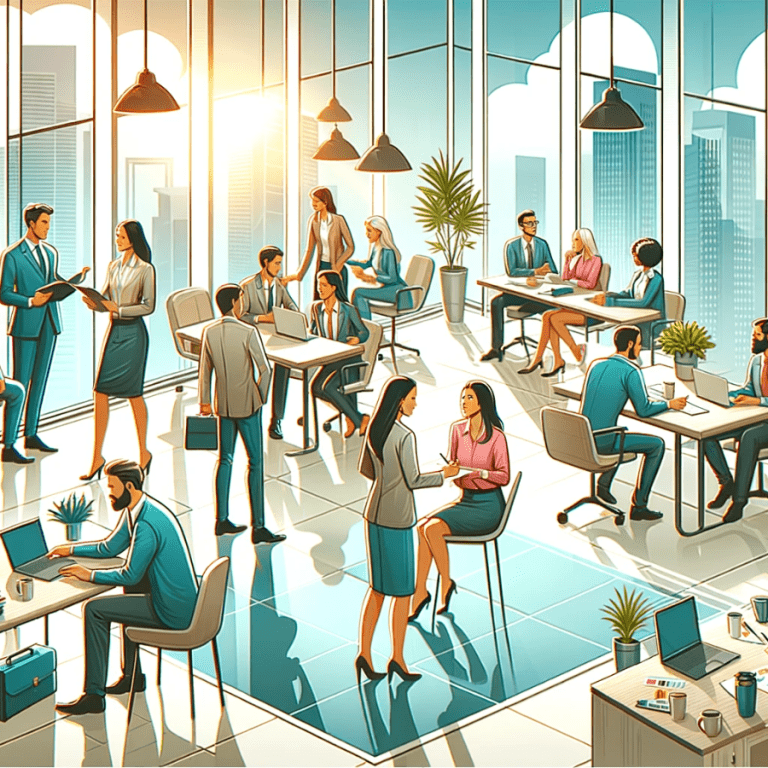 Graphic depicting a bustling office environment with people engaged in work and conversation.