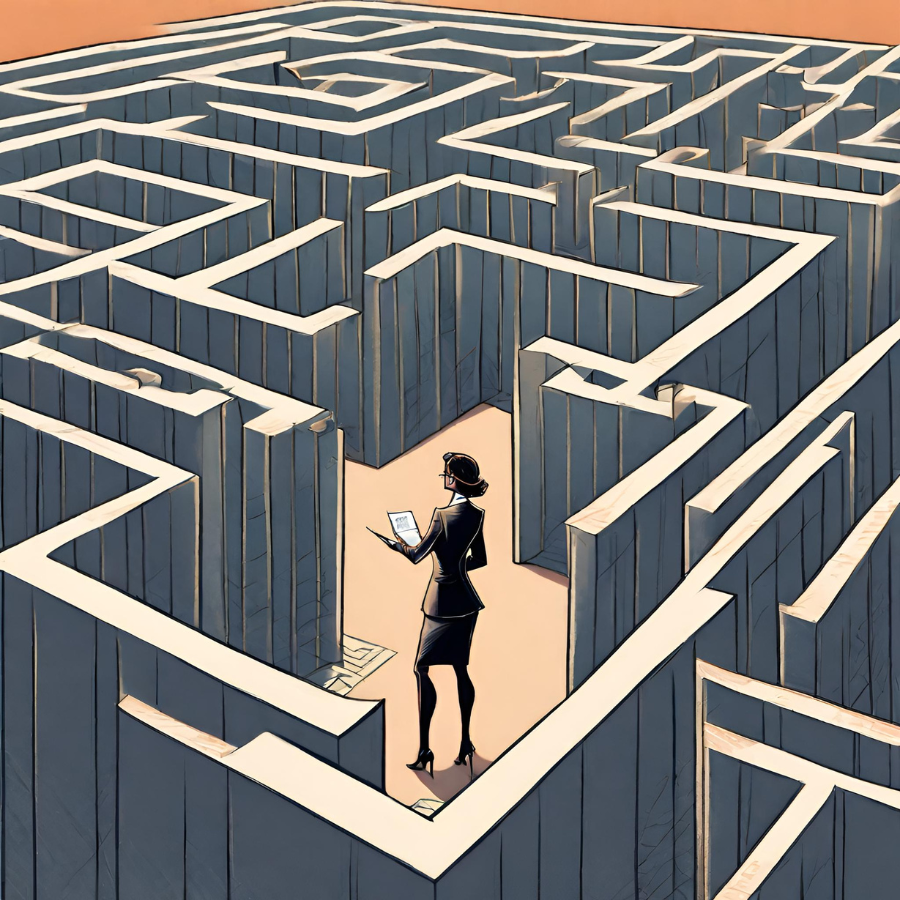 Illustration depicting a businesswoman navigating through a maze designed to resemble office hallways.