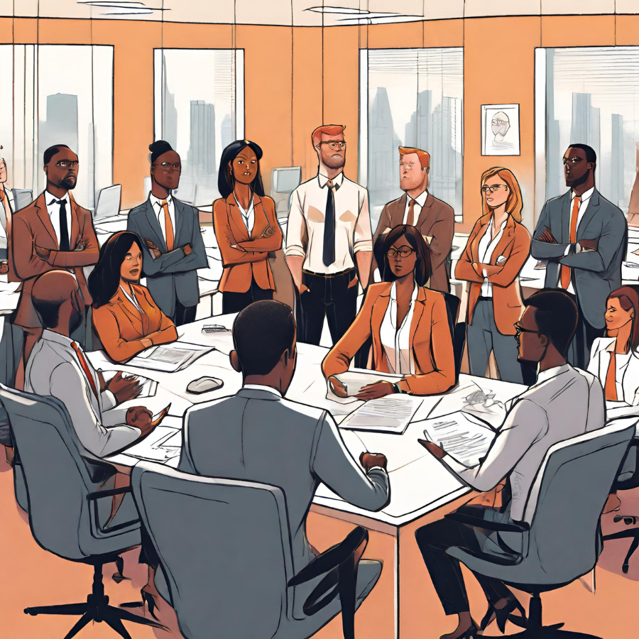 Illustration of a diverse group of business professionals, with some seated around a conference table and others standing.