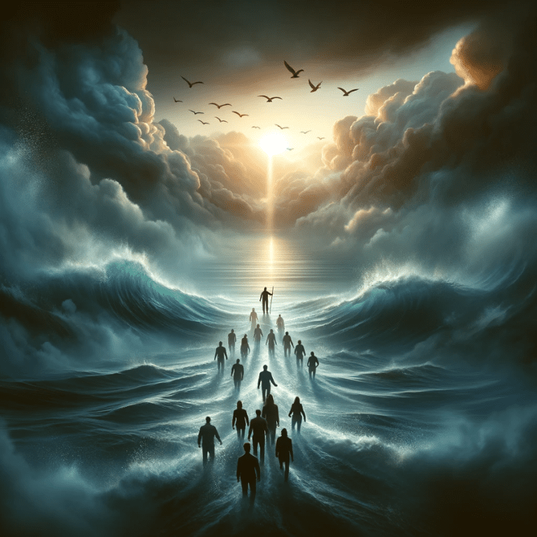 Sunrise, waves, silhouetted people walking on water.