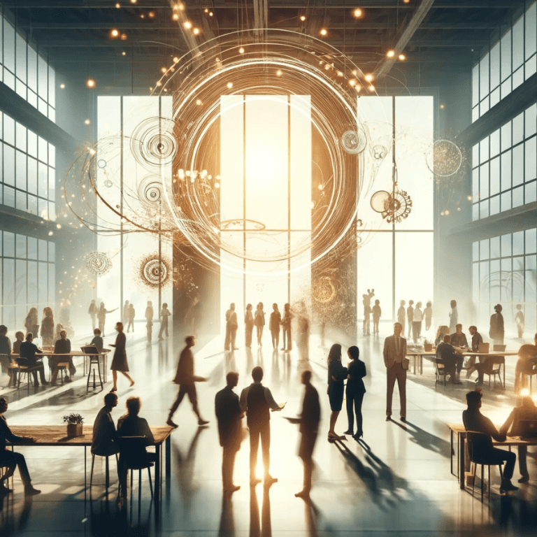 Busy modern office lobby with people and abstract art.