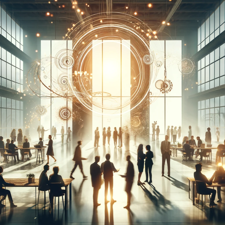 Busy modern office lobby with people and abstract art.