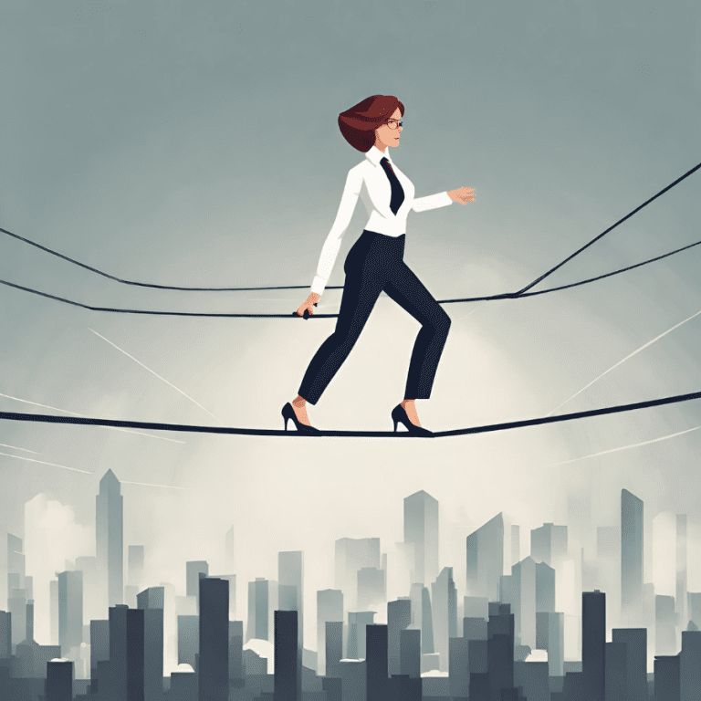 Graphic showing a businesswoman walking on a tightrope, symbolizing the need for skill and a positive attitude to navigate the challenges of the corporate world.