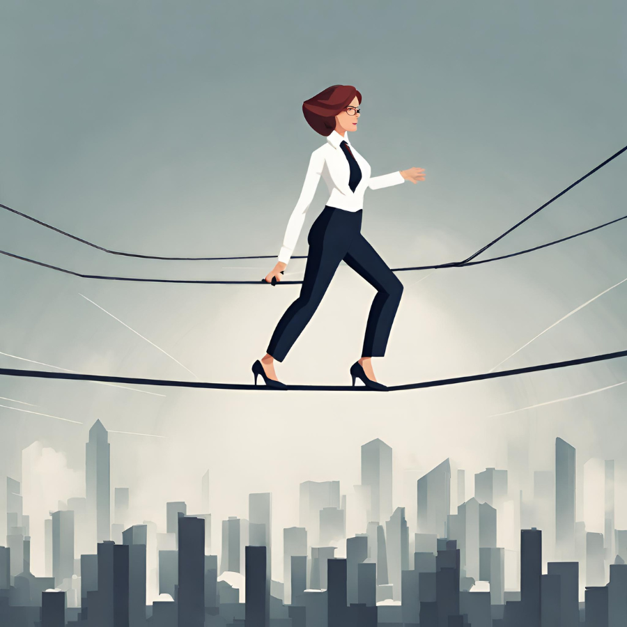 Graphic showing a businesswoman walking on a tightrope, symbolizing the need for skill and a positive attitude to navigate the challenges of the corporate world.