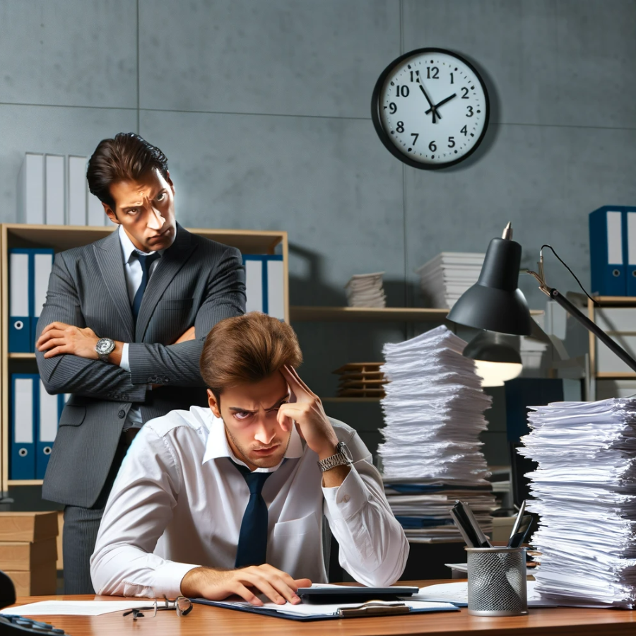 Graphic depicting an employee seated at a desk with their boss standing over their shoulder in a manner that appears intimidating.
