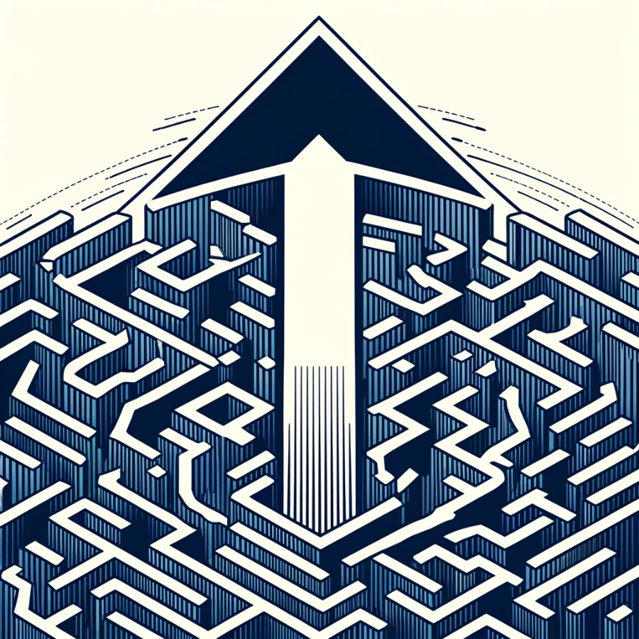 Abstract arrow maze graphic design in blue and white.