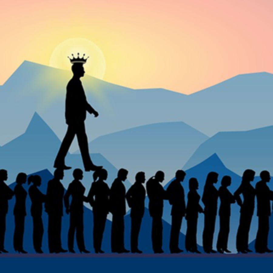 Graphic showing silhouettes, one of a businessman wearing a crown, walking above his peers, suggesting a sense of superiority over his coworkers.